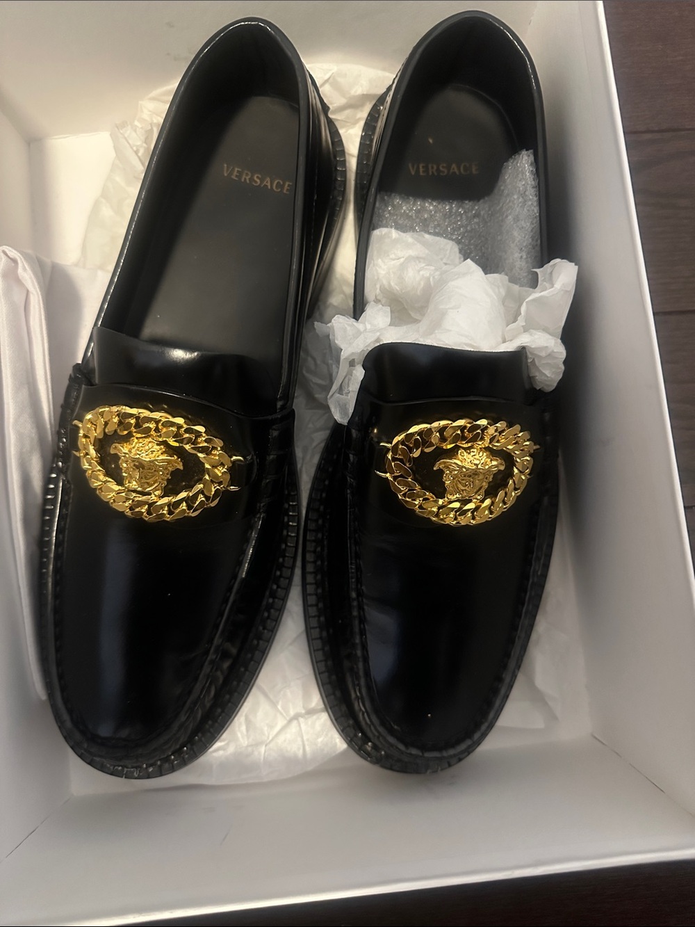 Versace Black Leather Slip-On Loafers with Gold Medusa Emblem